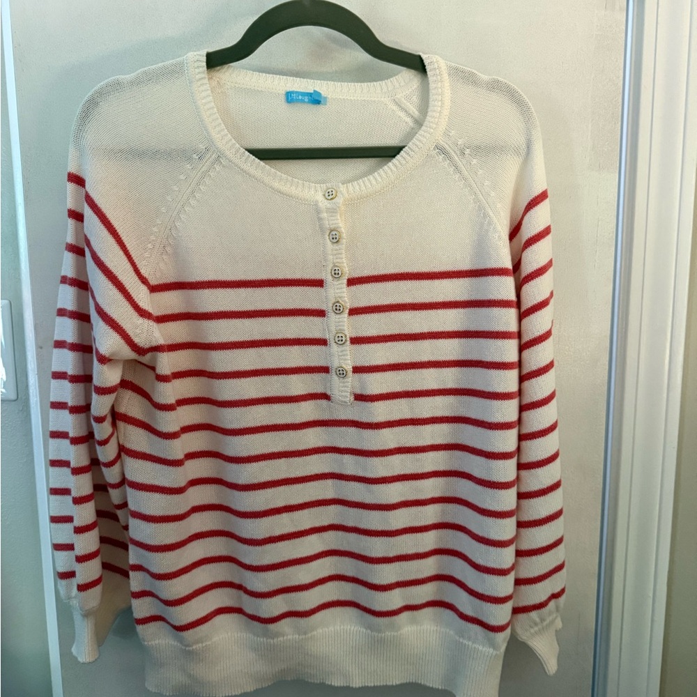J. McLaughlin Red and Cream Striped Crew Neck Sweater